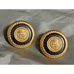 Vintage LIZ CLAIBORNE Stud Earrings Navy Blue Lucite Gold Tone Shield 1" Wide